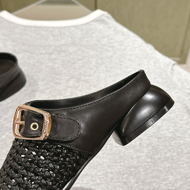 CHLOÉ 26S WOVEN MULES IN BLACK CALFSKIN