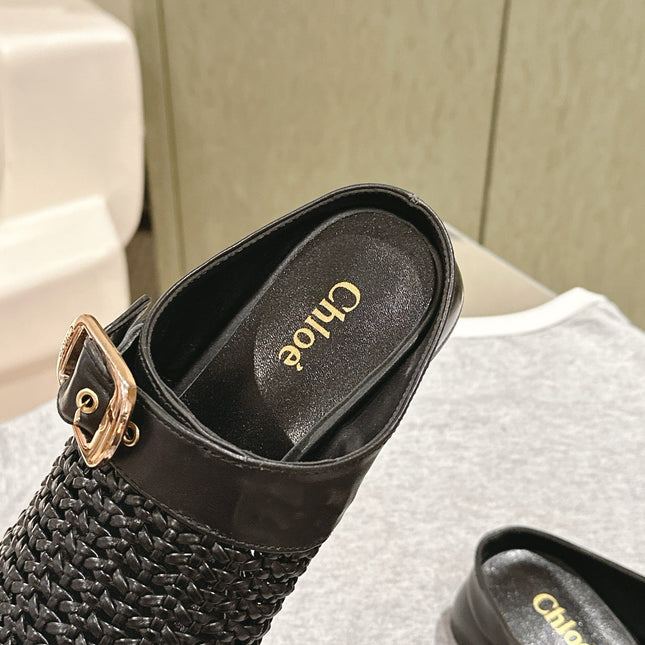 CHLOÉ 26S WOVEN MULES IN BLACK CALFSKIN