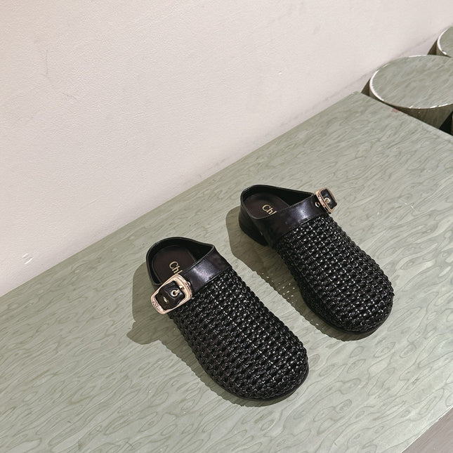 CHLOÉ 26S WOVEN MULES IN BLACK CALFSKIN