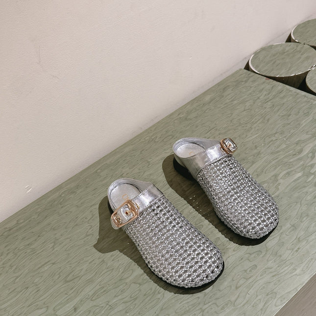 CHLOÉ 26S WOVEN MULES IN SILVER CALFSKIN