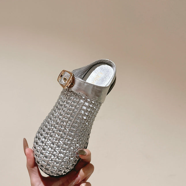 CHLOÉ 26S WOVEN MULES IN SILVER CALFSKIN