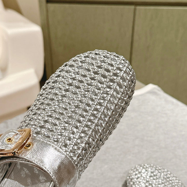 CHLOÉ 26S WOVEN MULES IN SILVER CALFSKIN