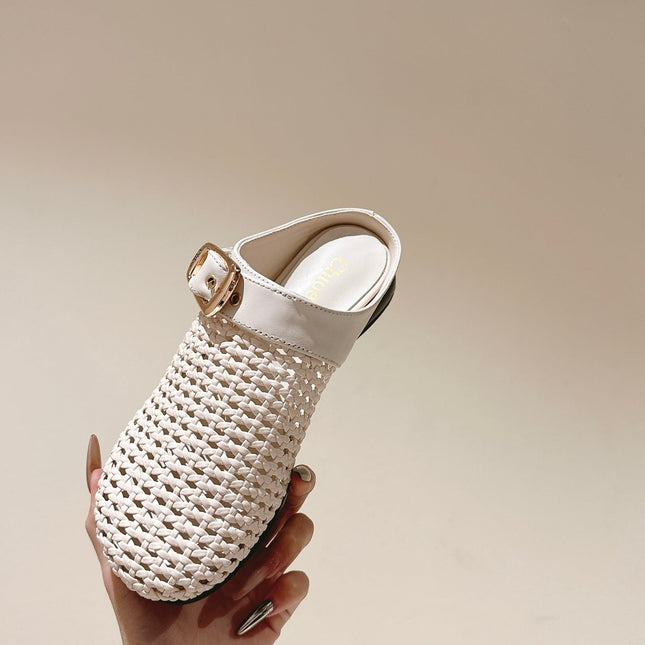 CHLOÉ 26S WOVEN MULES IN LIGHT BEIGE CALFSKIN