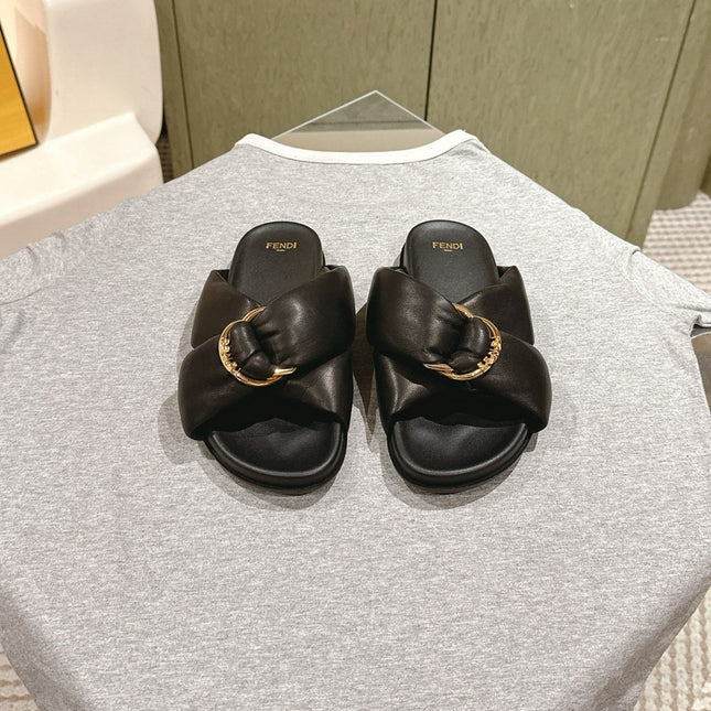 FENDI 26S WIDE CROSS-STRAP SANDALS IN BLACK LAMBSKIN