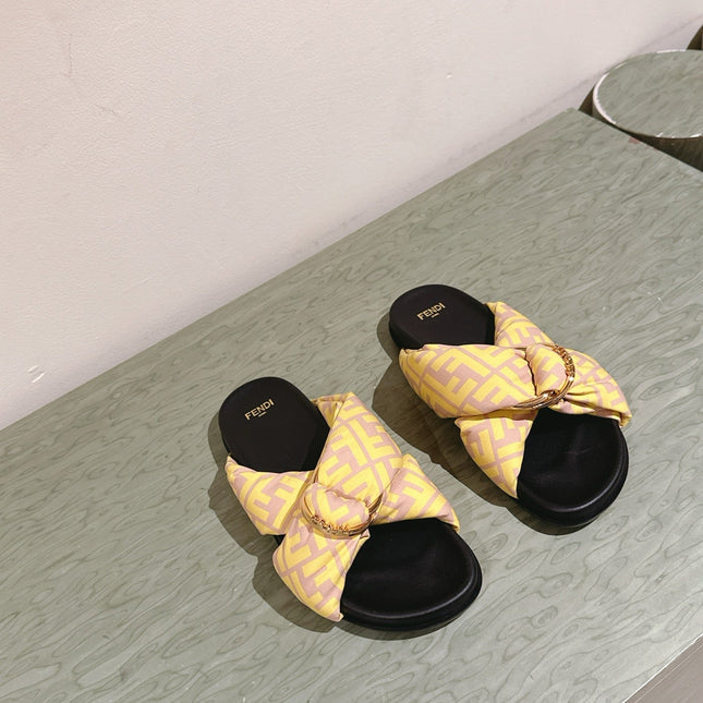 FENDI 26S WIDE CROSS-STRAP SANDALS IN YELLOW FABRIC