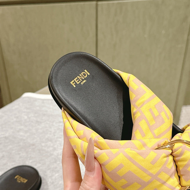 FENDI 26S WIDE CROSS-STRAP SANDALS IN YELLOW FABRIC