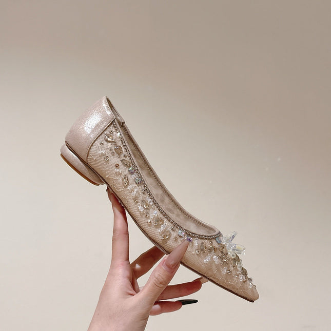 RENE CAOVILLA 26S BALLET FLATS IN BEIGE LACE FABRIC CRYSTAL EMBELLISHED