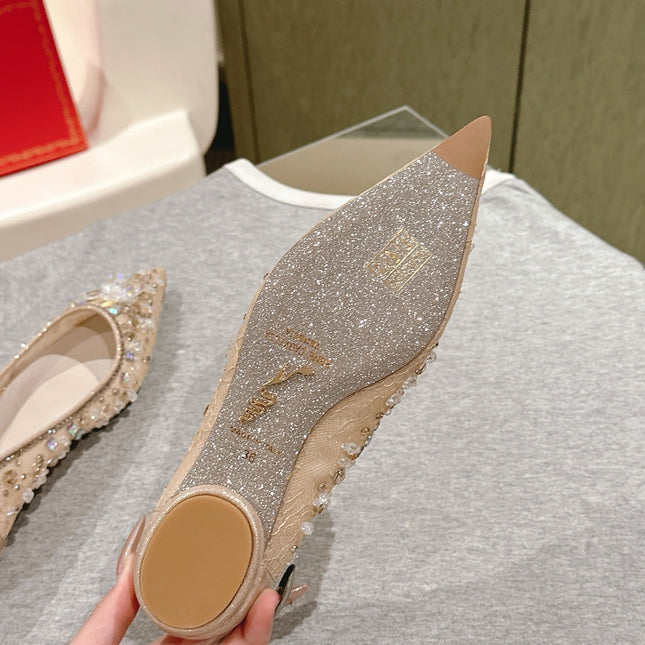 RENE CAOVILLA 26S BALLET FLATS IN BEIGE LACE FABRIC CRYSTAL EMBELLISHED