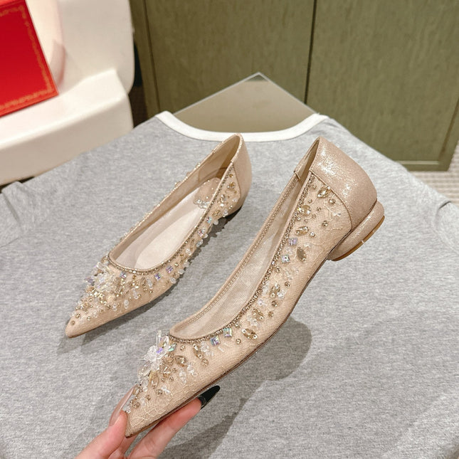 RENE CAOVILLA 26S BALLET FLATS IN BEIGE LACE FABRIC CRYSTAL EMBELLISHED
