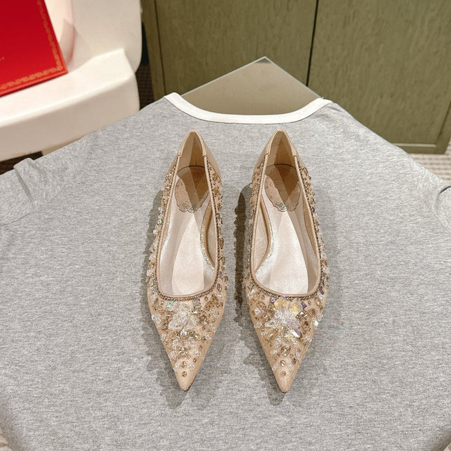 RENE CAOVILLA 26S BALLET FLATS IN BEIGE LACE FABRIC CRYSTAL EMBELLISHED