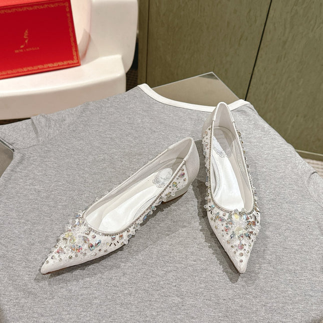 RENE CAOVILLA 26S BALLET FLATS IN WHITE LACE FABRIC CRYSTAL EMBELLISHED