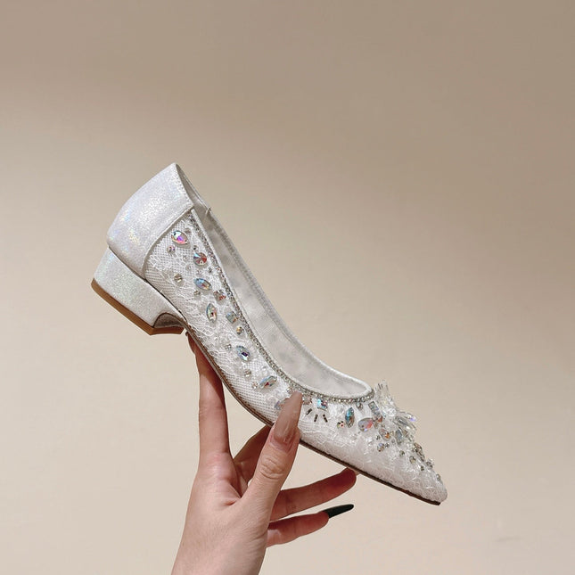 RENE CAOVILLA 26S BALLET FLATS IN WHITE LACE FABRIC CRYSTAL EMBELLISHED