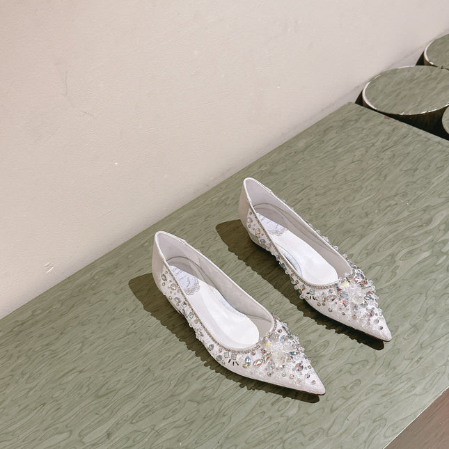 RENE CAOVILLA 26S BALLET FLATS IN WHITE LACE FABRIC CRYSTAL EMBELLISHED
