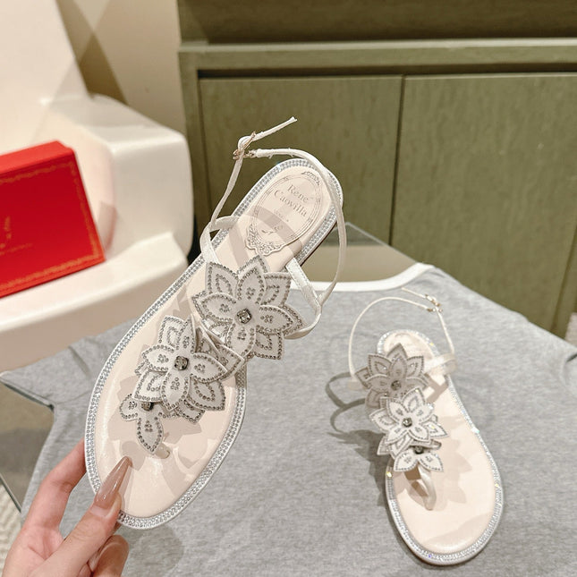 RENE CAOVILLA 26S THONG SANDALS IN CREAM WHITE LAMBSKIN FLOWER EMBELLISHED