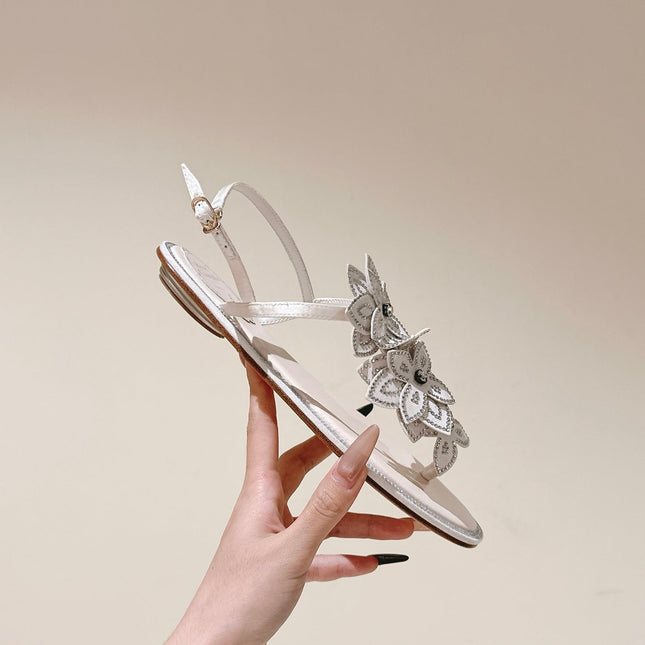 RENE CAOVILLA 26S THONG SANDALS IN CREAM WHITE LAMBSKIN FLOWER EMBELLISHED