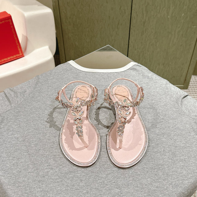RENE CAOVILLA 26S THONG SANDALS IN NUDE PINK LAMBSKIN WITH CRYSTAL