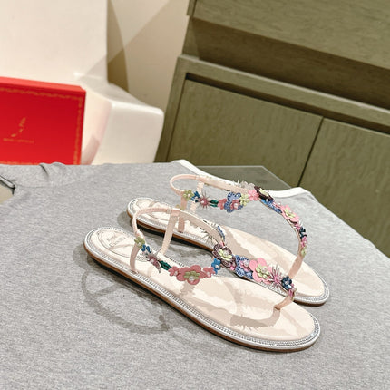 RENE CAOVILLA 26S THONG SANDALS IN NUDE PINK LAMBSKIN FLORAL EMBELLISHED STRAP