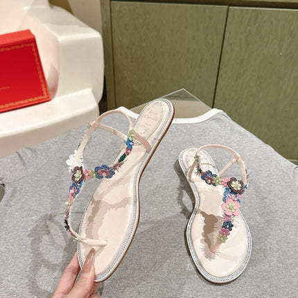 RENE CAOVILLA 26S THONG SANDALS IN NUDE PINK LAMBSKIN FLORAL EMBELLISHED STRAP