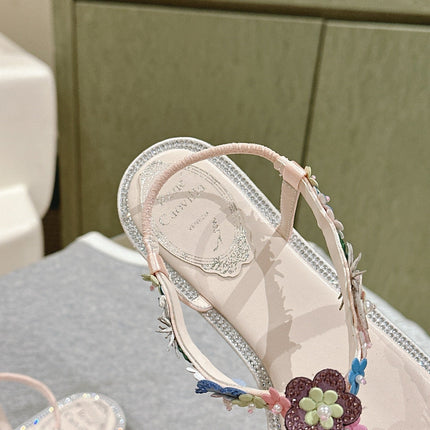 RENE CAOVILLA 26S THONG SANDALS IN NUDE PINK LAMBSKIN FLORAL EMBELLISHED STRAP