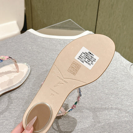 RENE CAOVILLA 26S THONG SANDALS IN NUDE PINK LAMBSKIN FLORAL EMBELLISHED STRAP