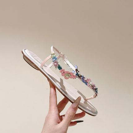 RENE CAOVILLA 26S THONG SANDALS IN NUDE PINK LAMBSKIN FLORAL EMBELLISHED STRAP