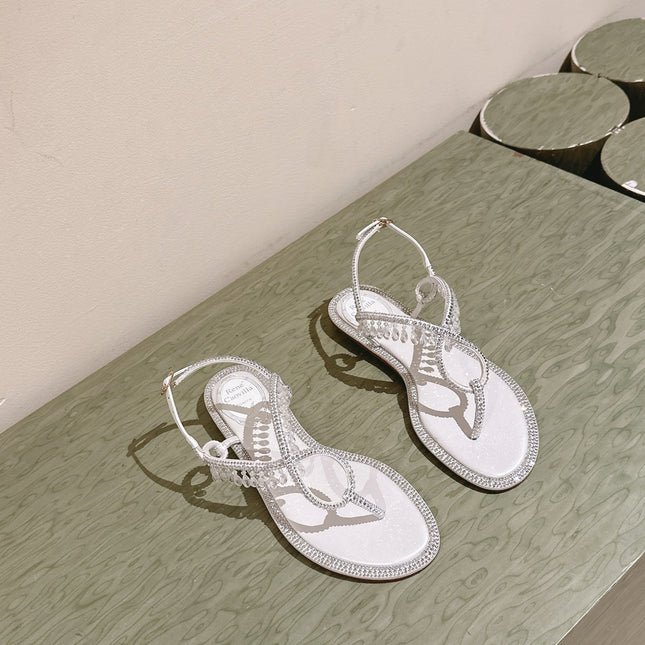RENE CAOVILLA 26S THONG SANDALS IN WHITE LAMBSKIN CRYSTAL EMBELLISHED STRAP
