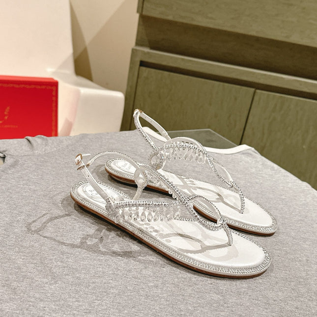RENE CAOVILLA 26S THONG SANDALS IN WHITE LAMBSKIN CRYSTAL EMBELLISHED STRAP