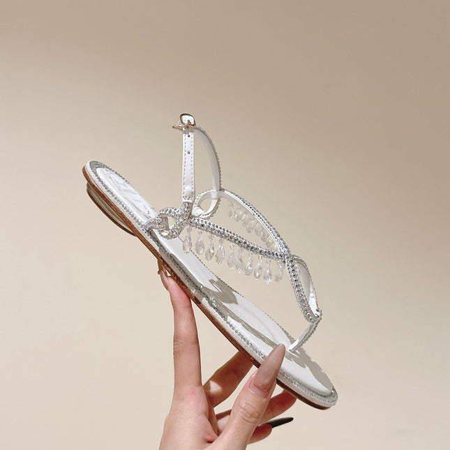 RENE CAOVILLA 26S THONG SANDALS IN WHITE LAMBSKIN CRYSTAL EMBELLISHED STRAP