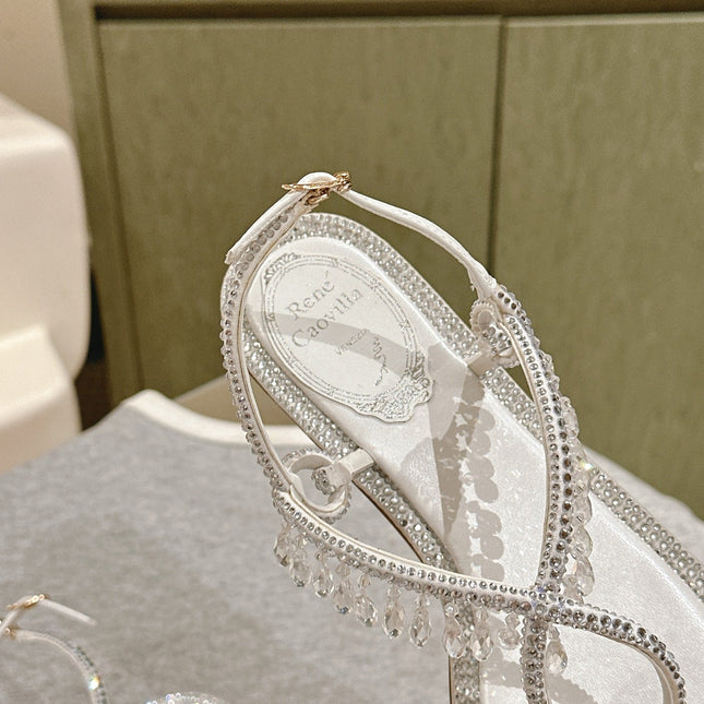 RENE CAOVILLA 26S THONG SANDALS IN WHITE LAMBSKIN CRYSTAL EMBELLISHED STRAP