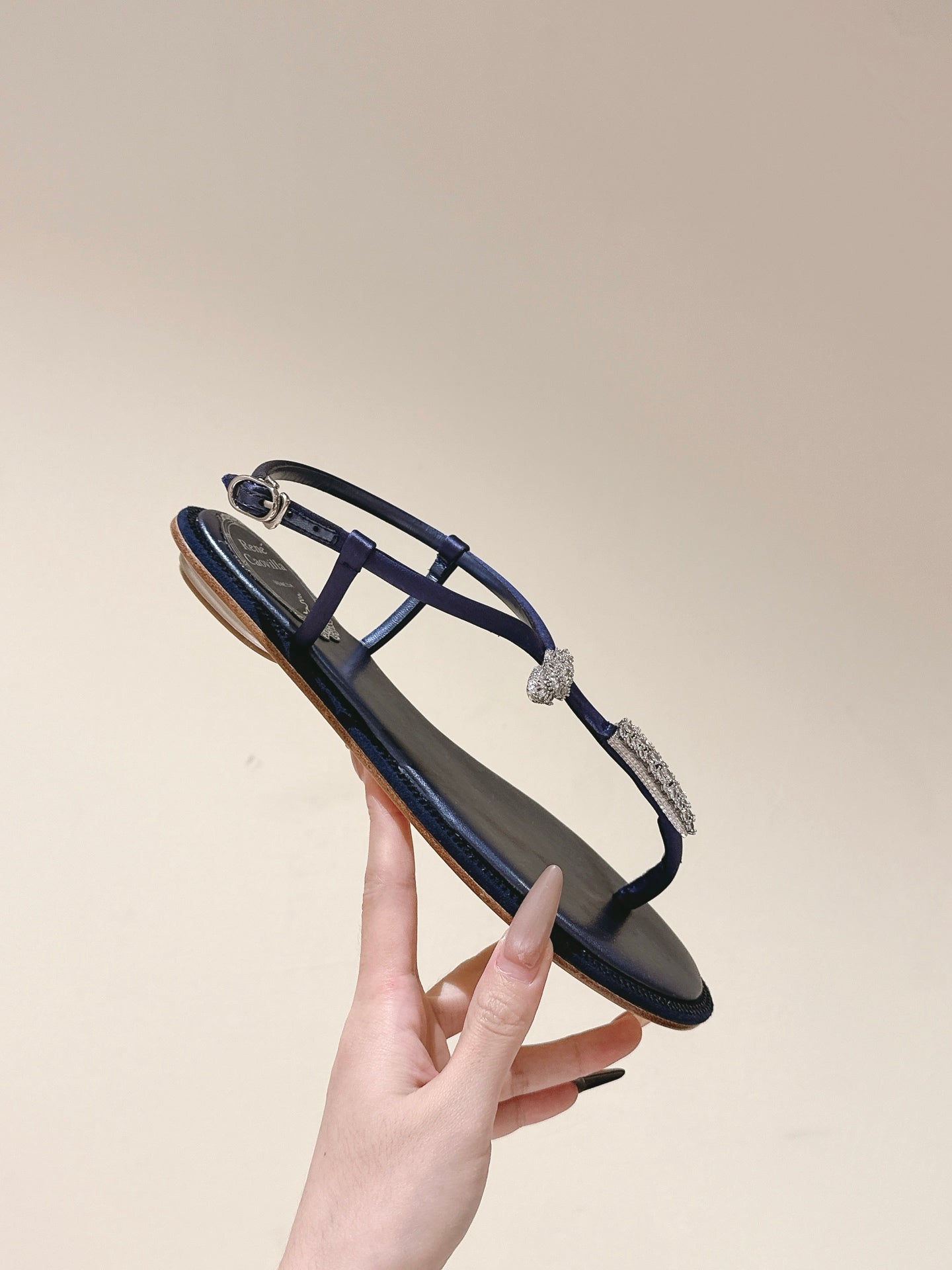 RENE CAOVILLA 26S THONG SANDALS IN NAVY BLUE LAMBSKIN