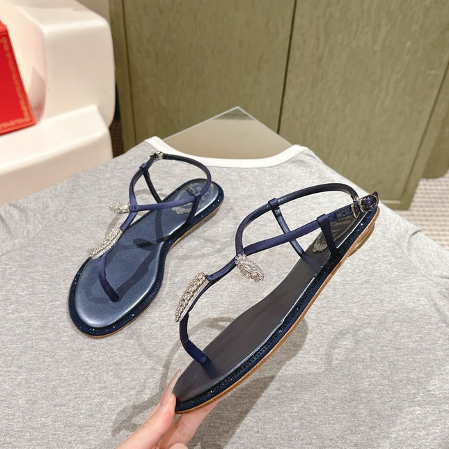 RENE CAOVILLA 26S THONG SANDALS IN NAVY BLUE LAMBSKIN