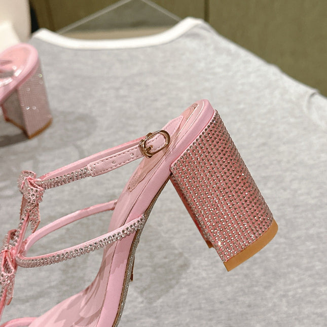 RENE CAOVILLA 26S HEELED SANDALS 75 MM IN LIGHT PINK LAMBSKIN WITH BOW