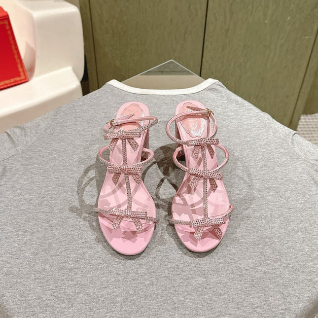 RENE CAOVILLA 26S HEELED SANDALS 75 MM IN LIGHT PINK LAMBSKIN WITH BOW