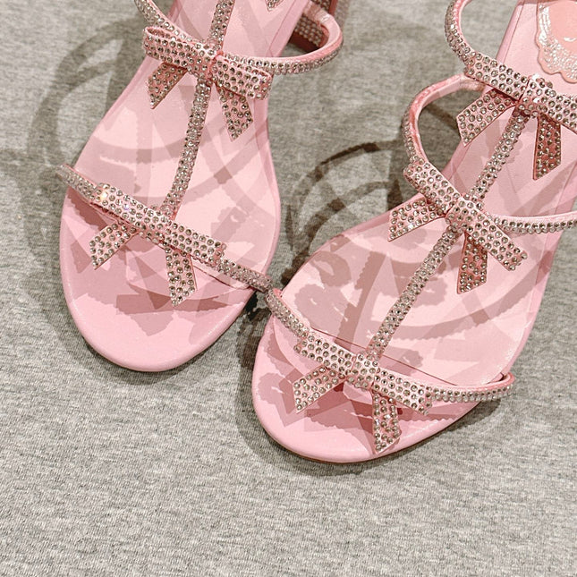 RENE CAOVILLA 26S HEELED SANDALS 75 MM IN LIGHT PINK LAMBSKIN WITH BOW