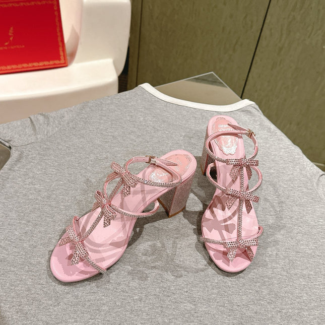 RENE CAOVILLA 26S HEELED SANDALS 75 MM IN LIGHT PINK LAMBSKIN WITH BOW