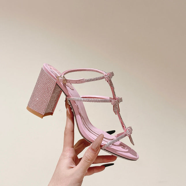 RENE CAOVILLA 26S HEELED SANDALS 75 MM IN LIGHT PINK LAMBSKIN WITH BOW