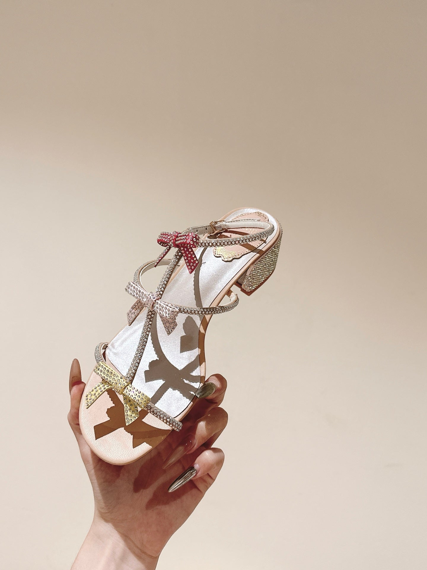 RENE CAOVILLA 26S HEELED SANDALS 45 MM IN NUDE PINK LAMBSKIN WITH BOW