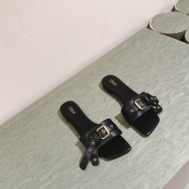 CHLOÉ 26S SLIDE SANDALS IN BLACK LAMBSKIN