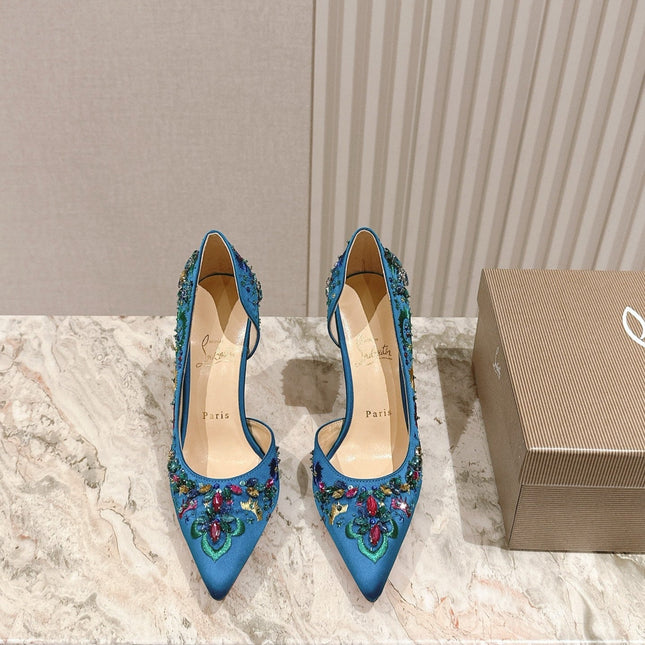 COLORFUL EMBROIDERED IRIZA PUMPS 105MM IN AQUA BLUE SATIN