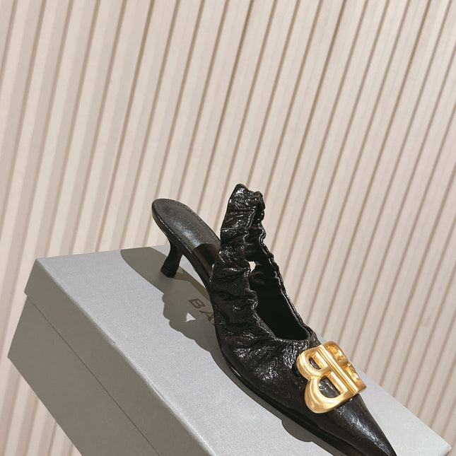 BALENCIAGA 25S HIGH SLINGBACK 45 MM IN BLACK LAMBSKIN WITH GOLD HARDWARE