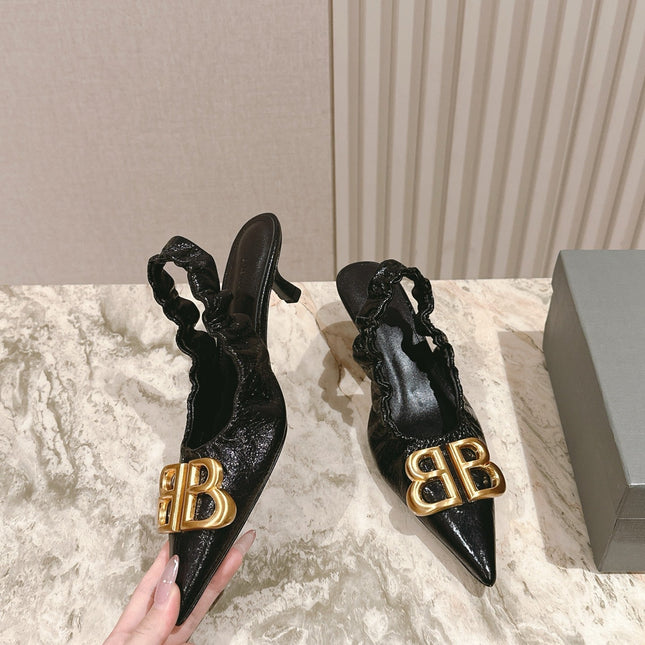 BALENCIAGA 25S HIGH SLINGBACK 45 MM IN BLACK LAMBSKIN WITH GOLD HARDWARE