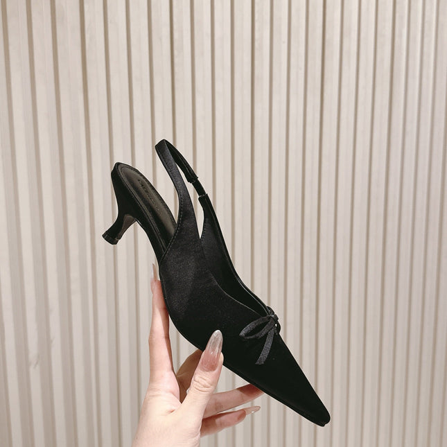 BALENCIAGA 25S HIGH SLINGBACK IN BLACK SATIN WITH SMALL BOW