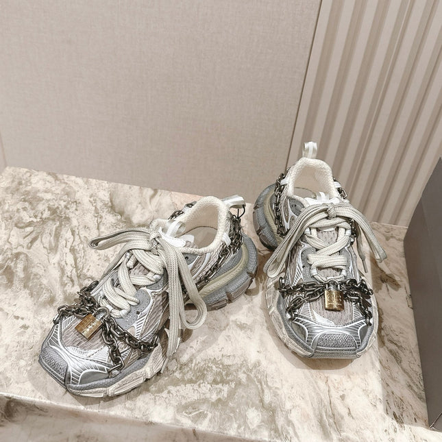 BALENCIAGA 25S 3XL SNEAKERS CHAIN-PADLOCK IN BEIGE MESH FABRIC AND SILVER PU