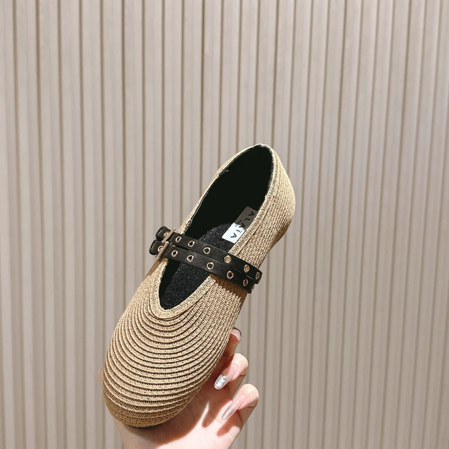 ALAIA MARY JANE 25S IN BEIGE RAFFIA AND BLACK LAMBSKIN WITH SILVER HARDWARE