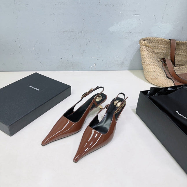 YSL 26S SLINGBACK HEELS 65 MM IN BROWN CALFSKIN