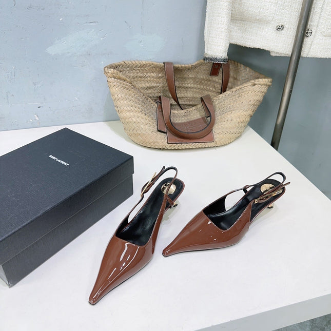 YSL 26S SLINGBACK HEELS 65 MM IN BROWN CALFSKIN