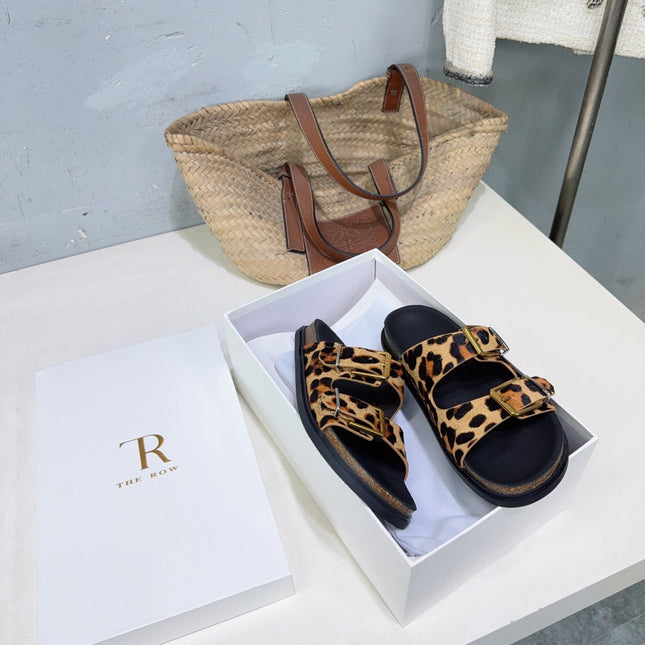 THE ROW 26S DOUBLE STRAP SLIDE SANDALS IN LEOPARD PRINT CALF HAIRCALFSKIN