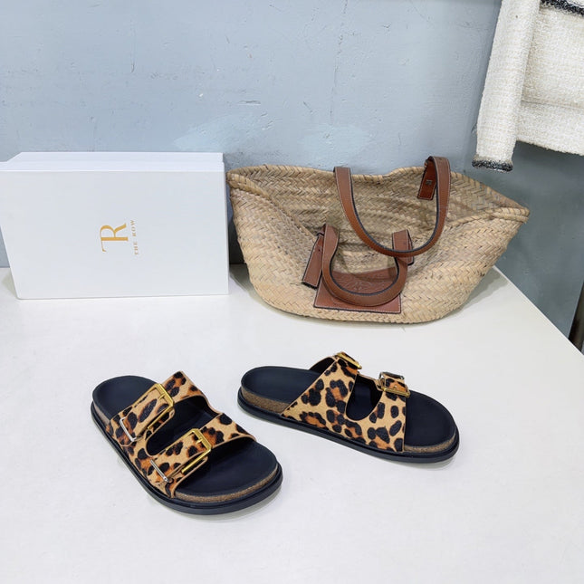 THE ROW 26S DOUBLE STRAP SLIDE SANDALS IN LEOPARD PRINT CALF HAIRCALFSKIN