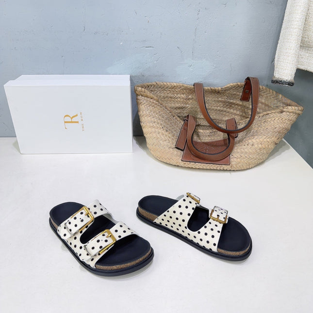 THE ROW 26S DOUBLE STRAP SLIDE SANDALS IN WHITE POLKA DOT CALF HAIR CALFSKIN