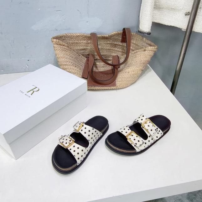 THE ROW 26S DOUBLE STRAP SLIDE SANDALS IN WHITE POLKA DOT CALF HAIR CALFSKIN